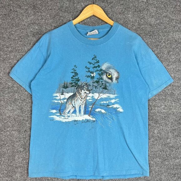 Vintage 1994 Artisans LEE Wolf Animal Graphic Art Nature‎ Snow Winter T Shirt L - Picture 1 of 8